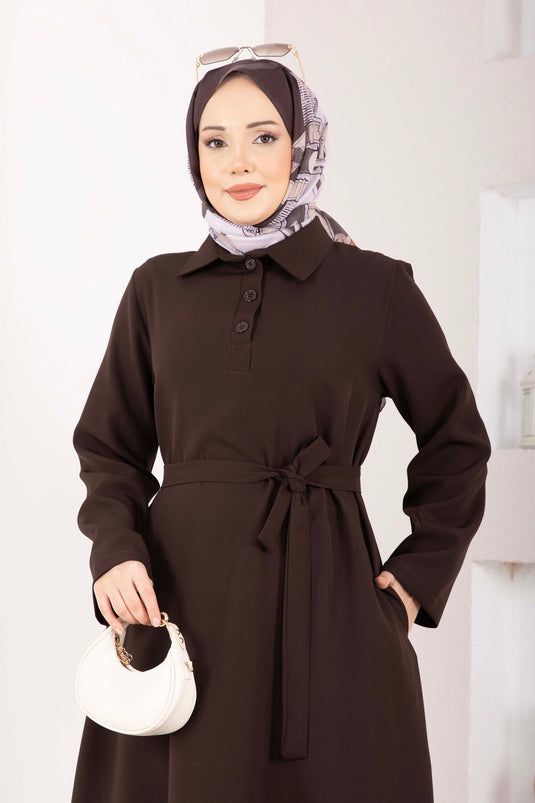 Softline Half-Buttoned Belted Modest Dress Brown