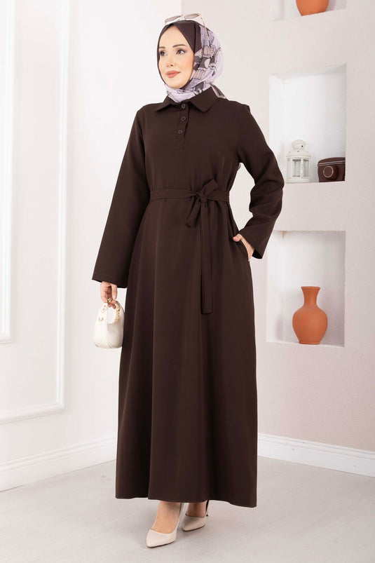 Softline Half-Buttoned Belted Modest Dress Brown