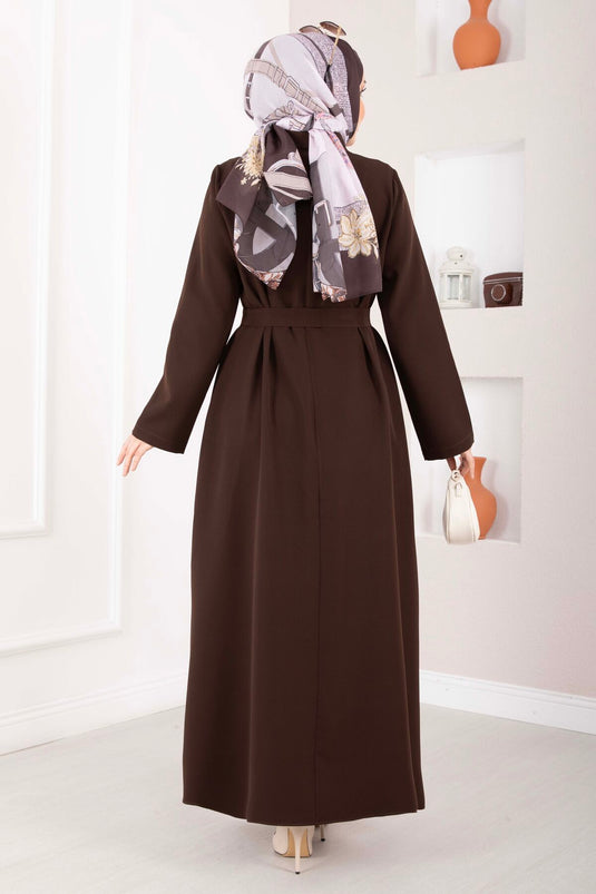 Softline Half-Buttoned Belted Modest Dress Brown