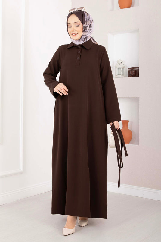 Softline Half-Buttoned Belted Modest Dress Brown