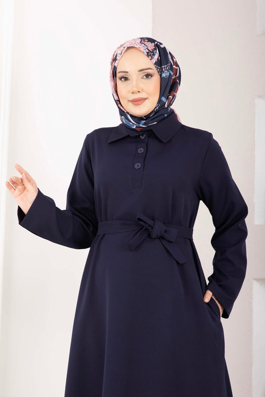 Softline Half-Buttoned Belted Modest Dress Navy Blue
