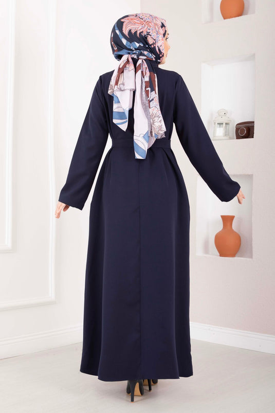Softline Half-Buttoned Belted Modest Dress Navy Blue