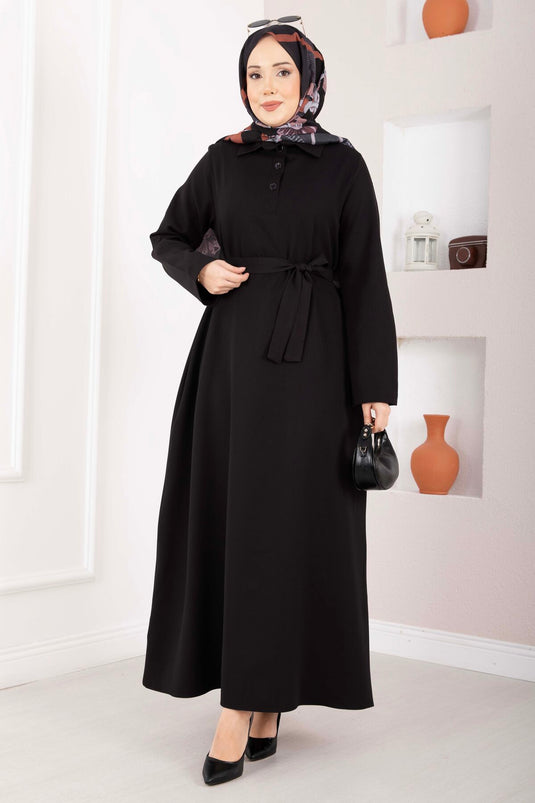 Softline Half-Buttoned Belted Modest Dress Black