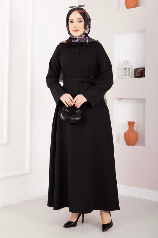 Softline Half-Buttoned Belted Modest Dress Black