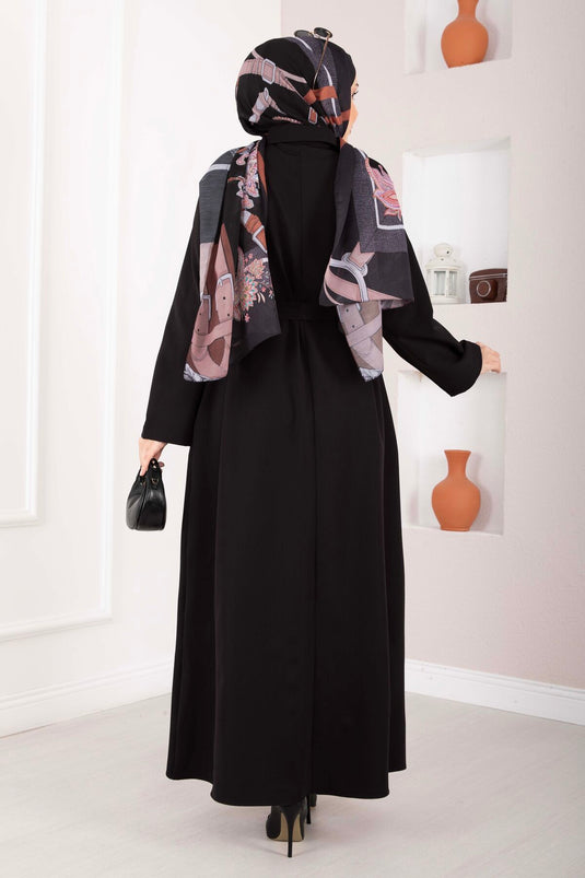 Softline Half-Buttoned Belted Modest Dress Black