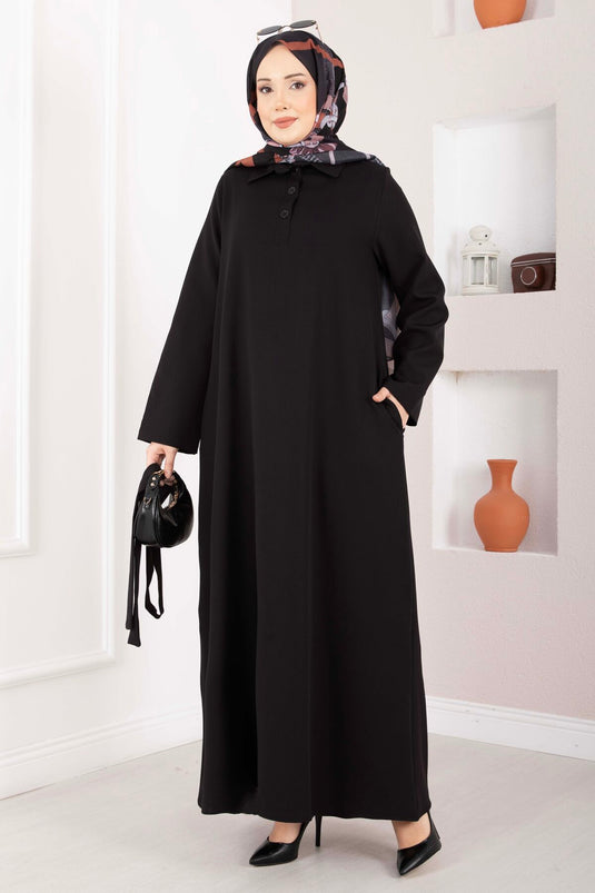 Softline Half-Buttoned Belted Modest Dress Black