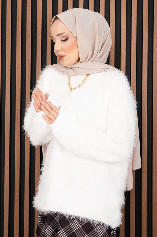 Weicher, plüschiger Strickpullover mit Struktur, Ecru