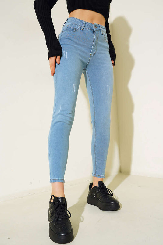 Sökük Detaylı Dar Paça Kot Pantolon Açık Mavi