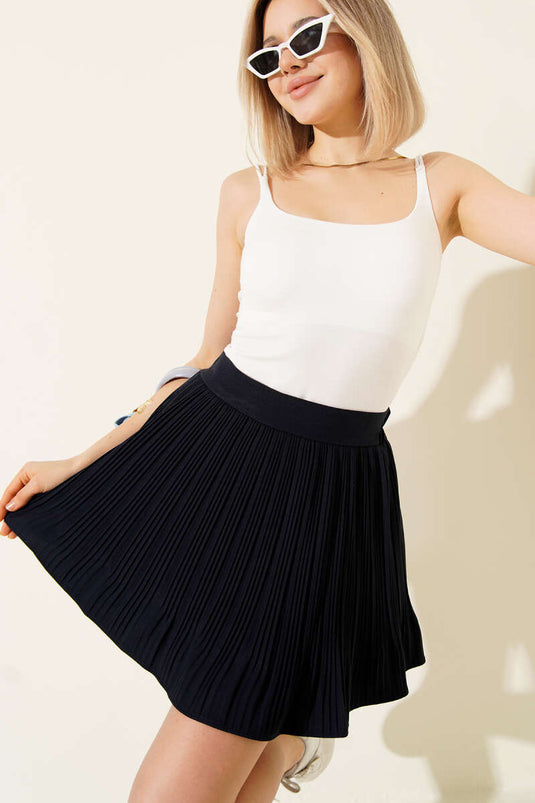 Pleated Mini Skirt with Lining, Navy Blue