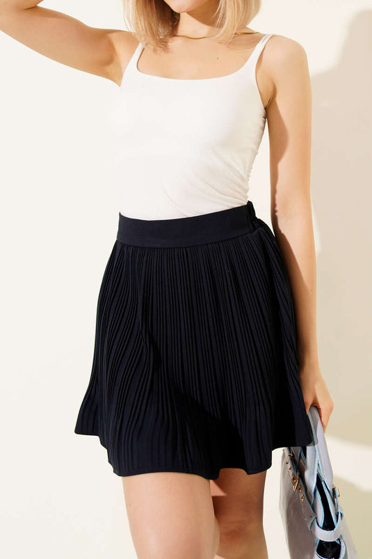 Pleated Mini Skirt with Lining, Navy Blue
