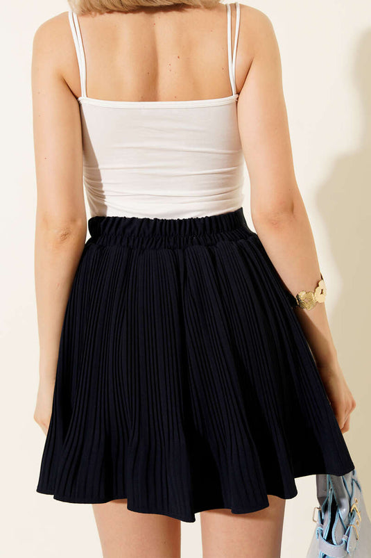 Pleated Mini Skirt with Lining, Navy Blue