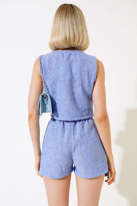 Ensemble en lin bleu avec short