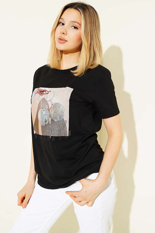 Special Mini Taş Baskılı T-shirt Siyah