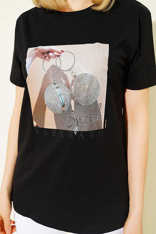 Special Mini Taş Baskılı T-shirt Siyah