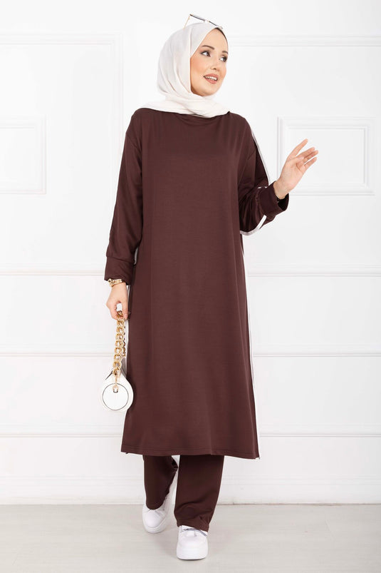 Sportif Biye Detaylı Uzun Tesettür Takım Kahve