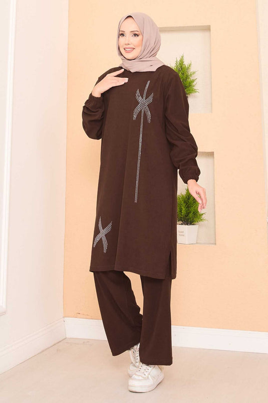 Stylized Stone Patterned Mini Slit Hijab Suit Brown