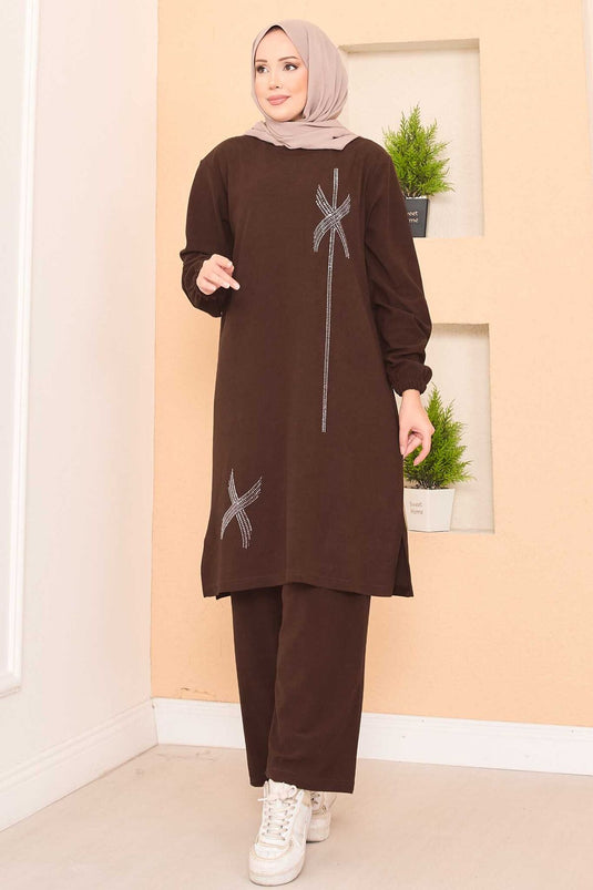 Stylized Stone Patterned Mini Slit Hijab Suit Brown