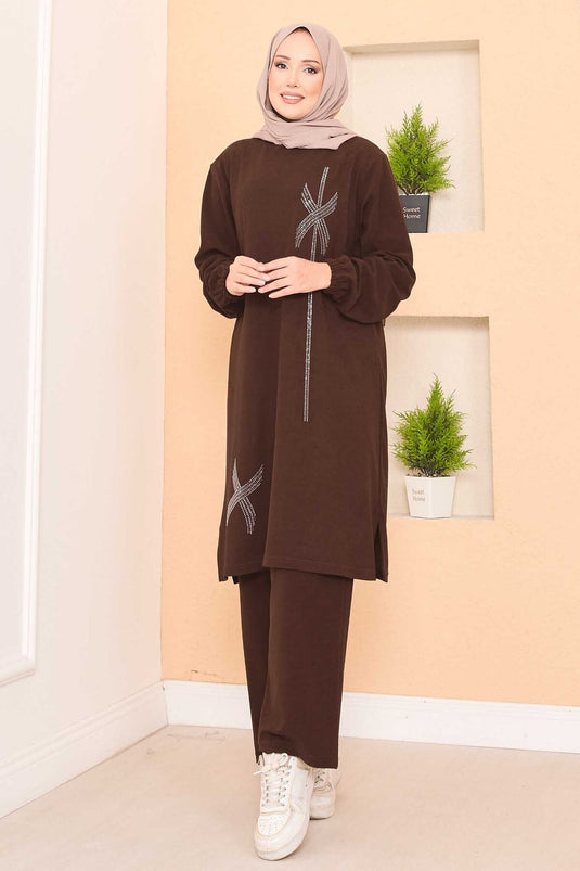 Stylized Stone Patterned Mini Slit Hijab Suit Brown