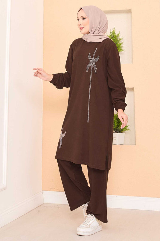 Stylized Stone Patterned Mini Slit Hijab Suit Brown