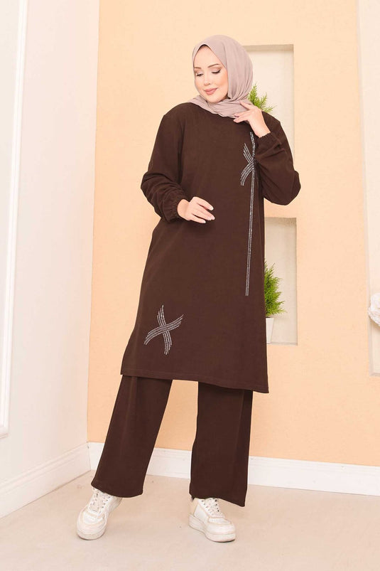 Stylized Stone Patterned Mini Slit Hijab Suit Brown