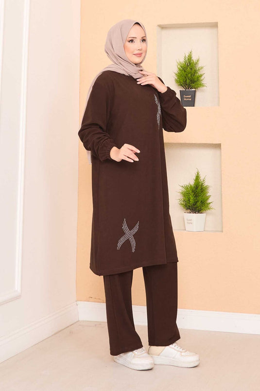 Stylized Stone Patterned Mini Slit Hijab Suit Brown