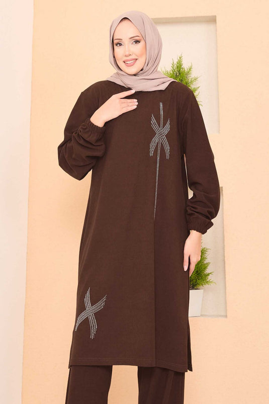 Stylized Stone Patterned Mini Slit Hijab Suit Brown