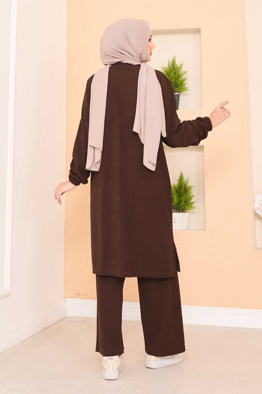 Stylized Stone Patterned Mini Slit Hijab Suit Brown