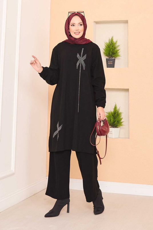 Stylized Stone Patterned Mini Slit Hijab Suit Black