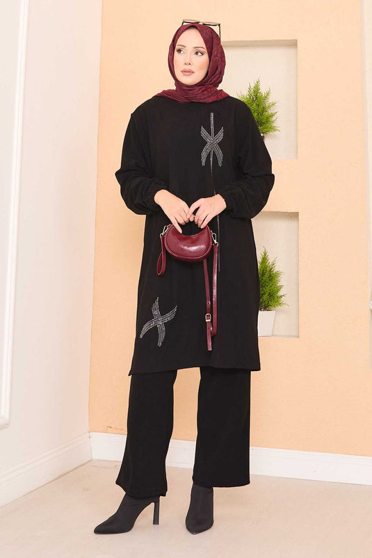 Stylized Stone Patterned Mini Slit Hijab Suit Black