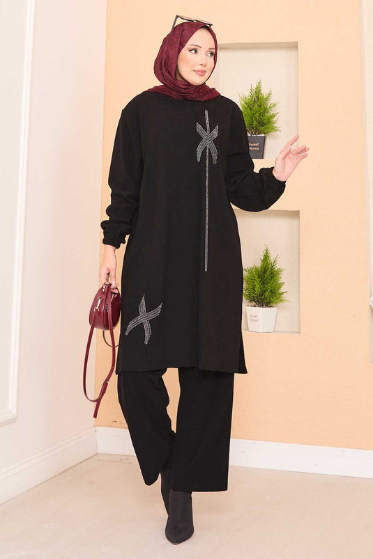 Stylized Stone Patterned Mini Slit Hijab Suit Black