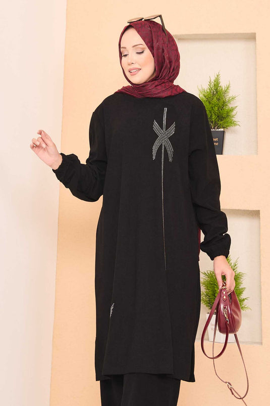 Stylized Stone Patterned Mini Slit Hijab Suit Black