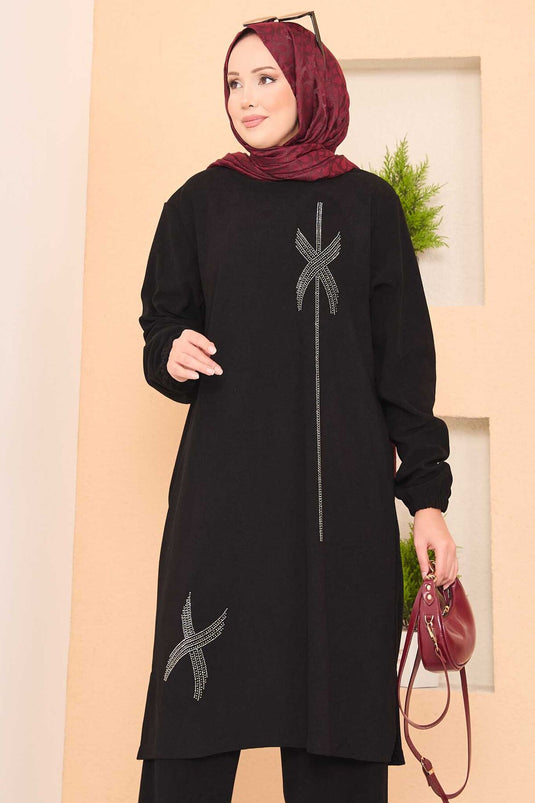 Gestileerd stenenpatroon mini-spleet hijabpak zwart