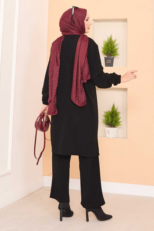 Stylized Stone Patterned Mini Slit Hijab Suit Black