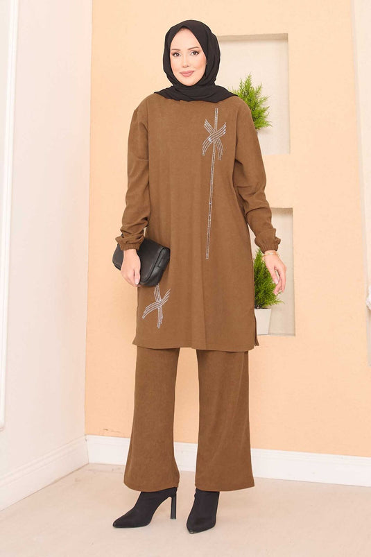 Stylized Stone Patterned Mini Slit Hijab Suit Tan