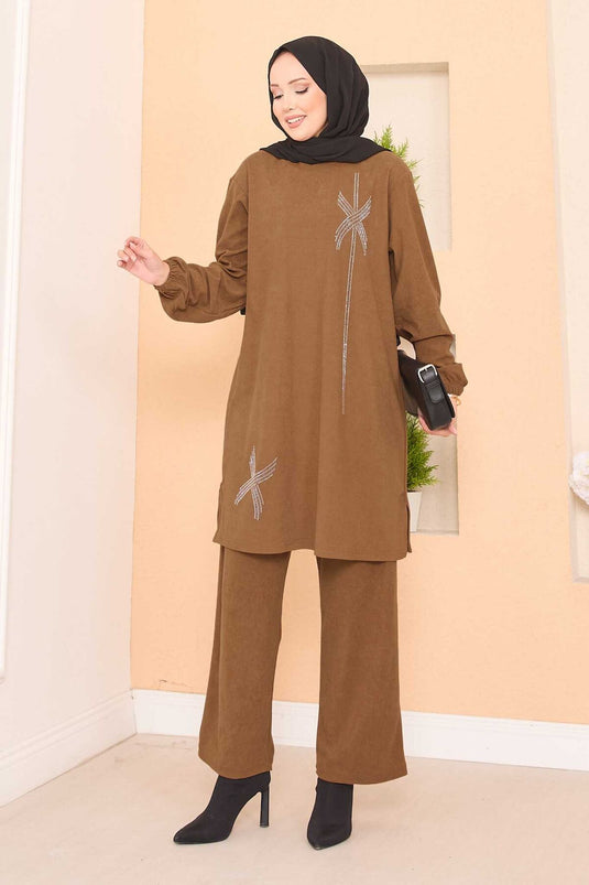 Stylized Stone Patterned Mini Slit Hijab Suit Tan