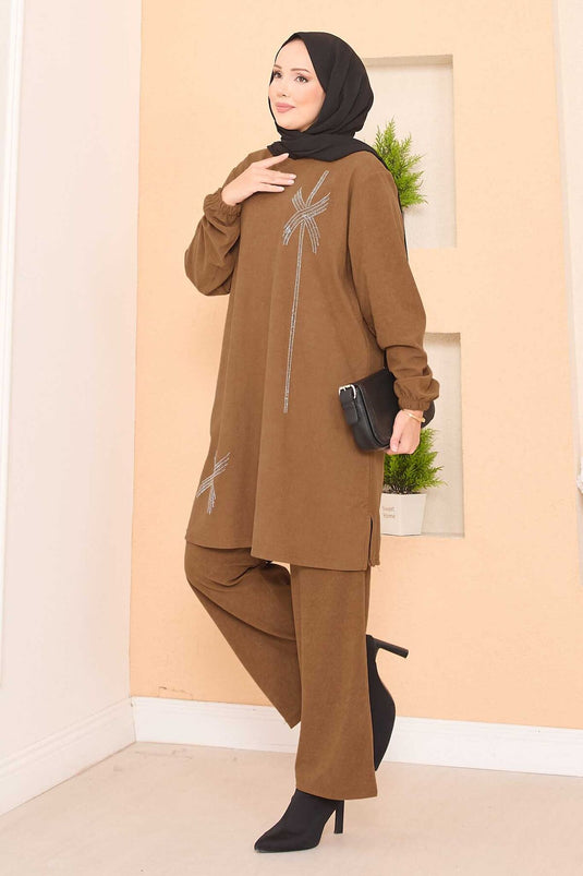 Stylized Stone Patterned Mini Slit Hijab Suit Tan