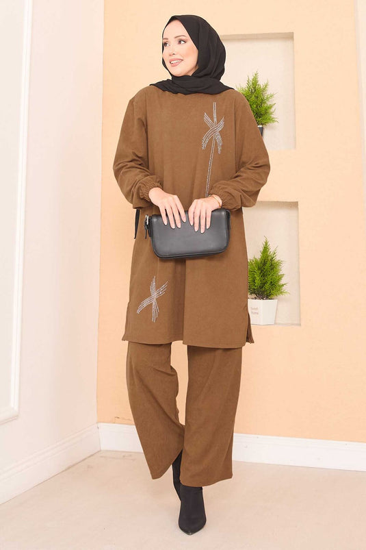 Stylized Stone Patterned Mini Slit Hijab Suit Tan