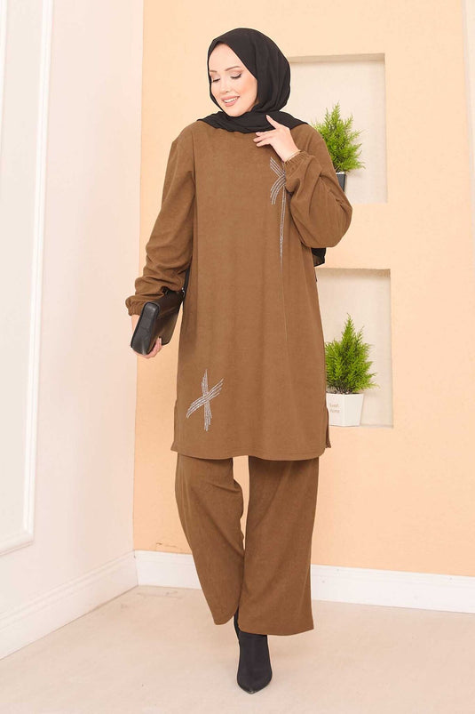 Stylized Stone Patterned Mini Slit Hijab Suit Tan