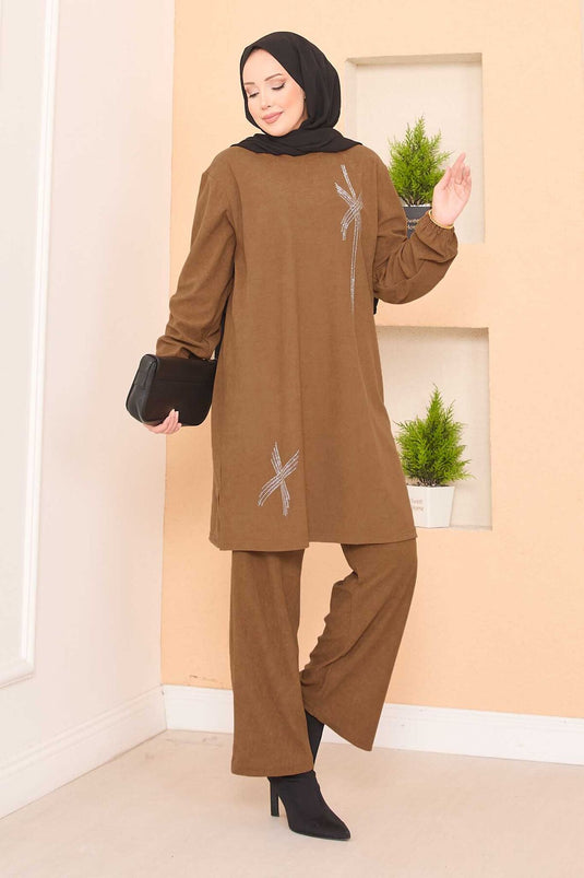 Stylized Stone Patterned Mini Slit Hijab Suit Tan