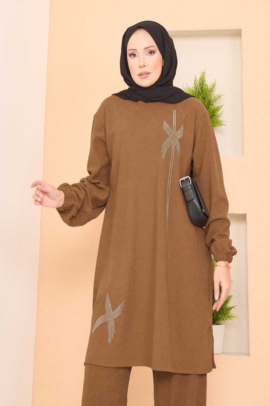 Gestileerd stenen patroon mini-spleet hijab pak bruin