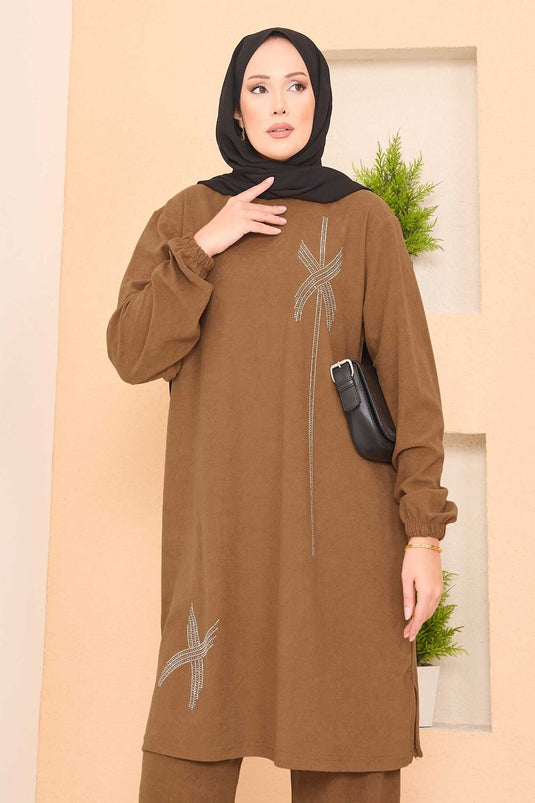 Stylized Stone Patterned Mini Slit Hijab Suit Tan