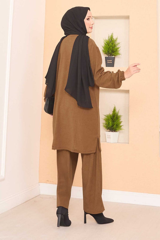 Stylized Stone Patterned Mini Slit Hijab Suit Tan