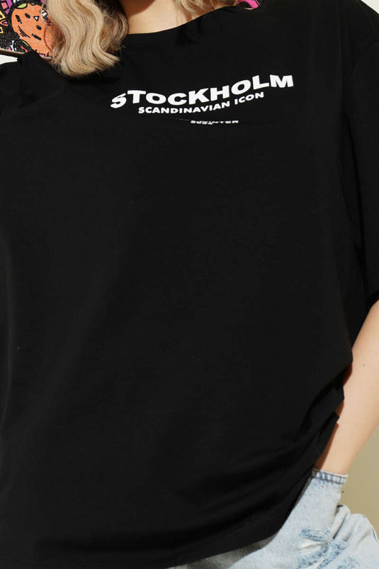 T-shirt nera con scritta Stockholm