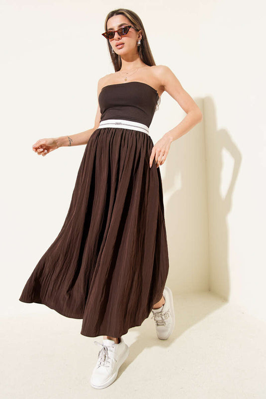 Straplez Garni Detaylı Midi Elbise Kahve