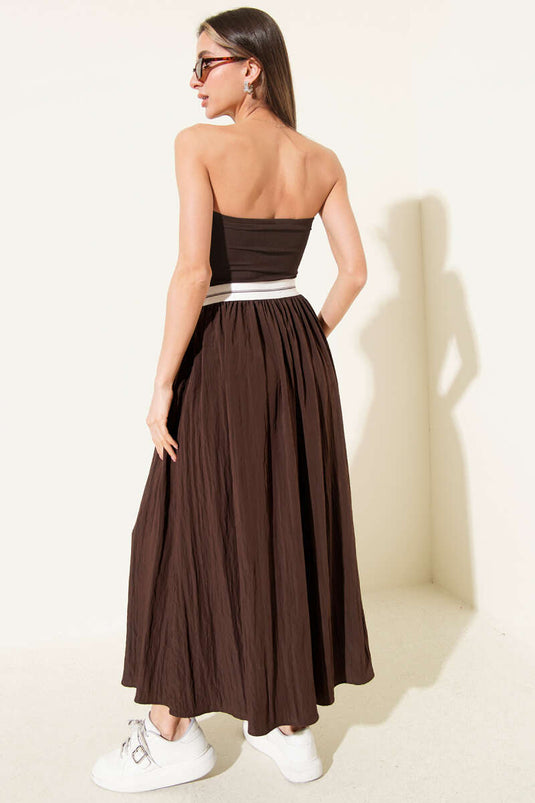 Straplez Garni Detaylı Midi Elbise Kahve