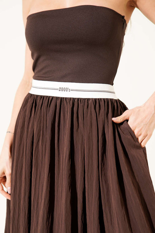 Straplez Garni Detaylı Midi Elbise Kahve