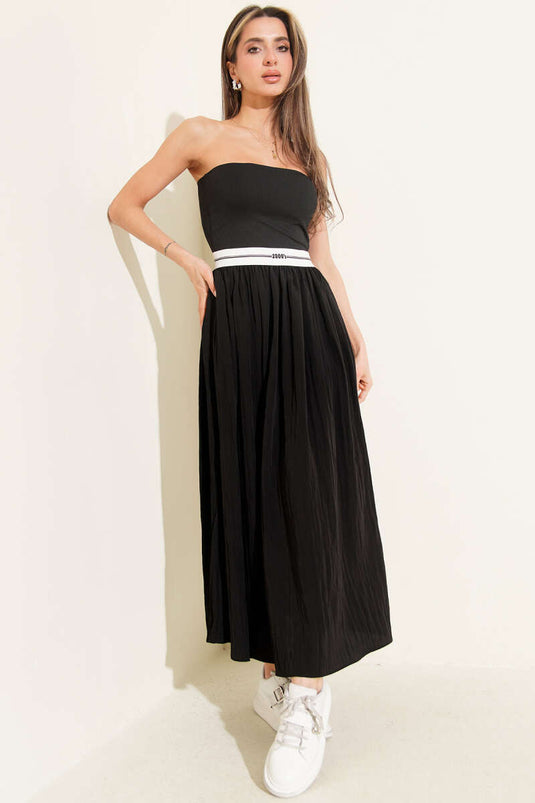 Straplez Garni Detaylı Midi Elbise Siyah