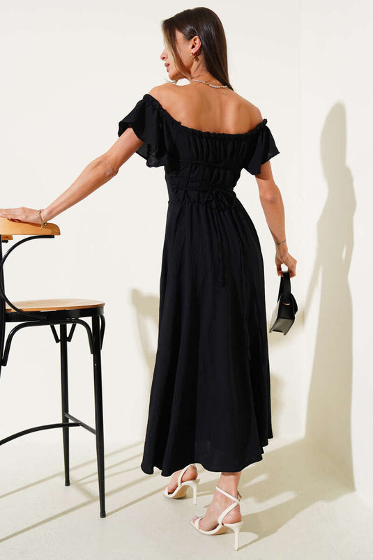 Strapless Neck Elastic Waist Dress Black