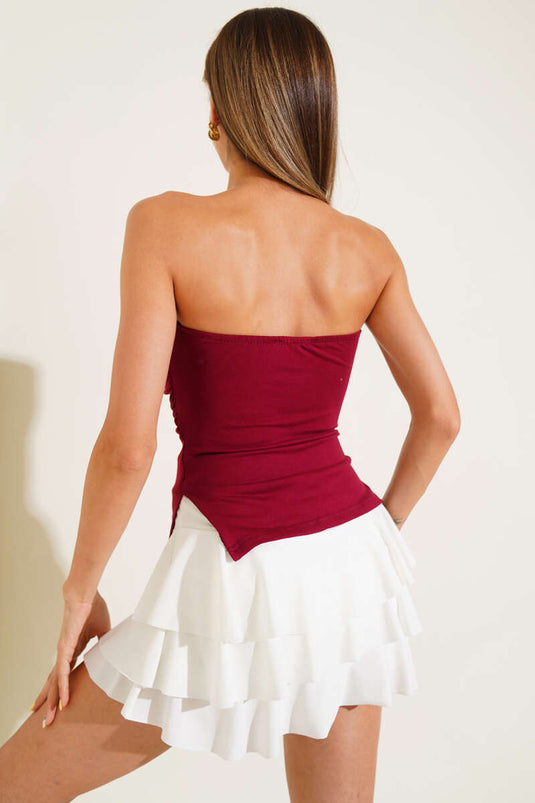 Trägerlose Bluse mit Seitenschlitz, bordeauxrot