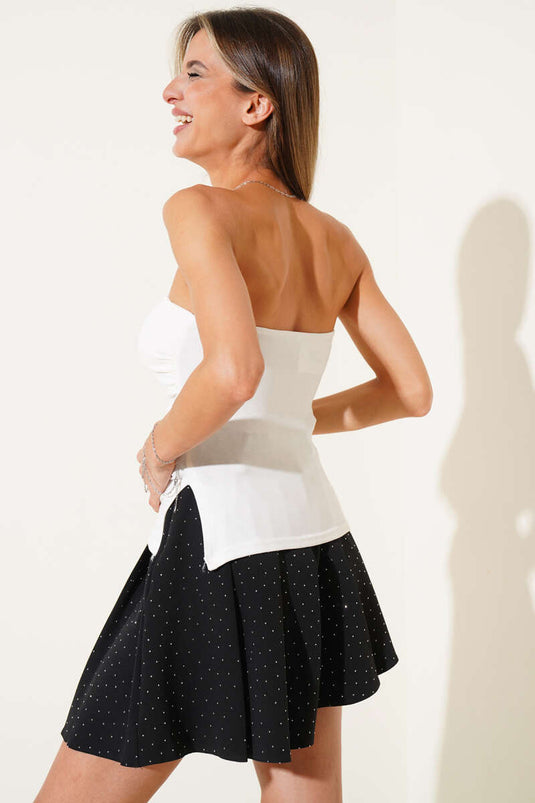 Strapless Blouse with Side Slit, Ecru